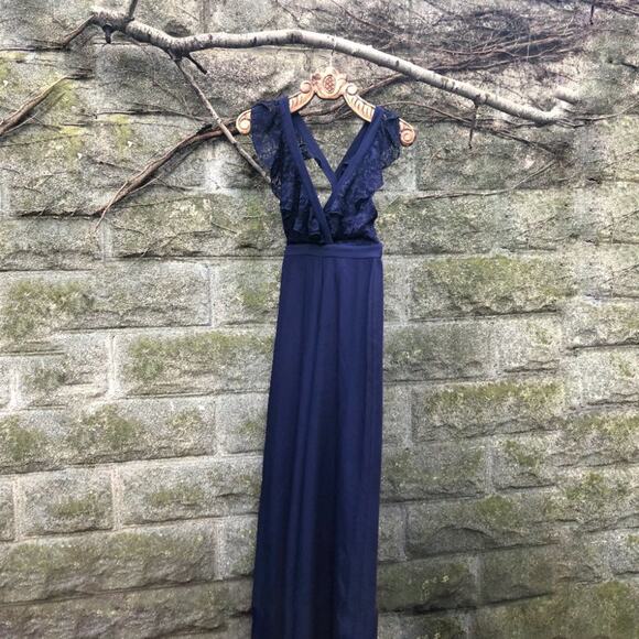 ASOS Twist Back Lace Ruffle Plunging V Neck Wide Leg Jumpsuit Blue 8 NWT - Picture 2 of 10